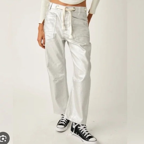 We The Free Moxie Metallic Low- Slung Barrel Jeans